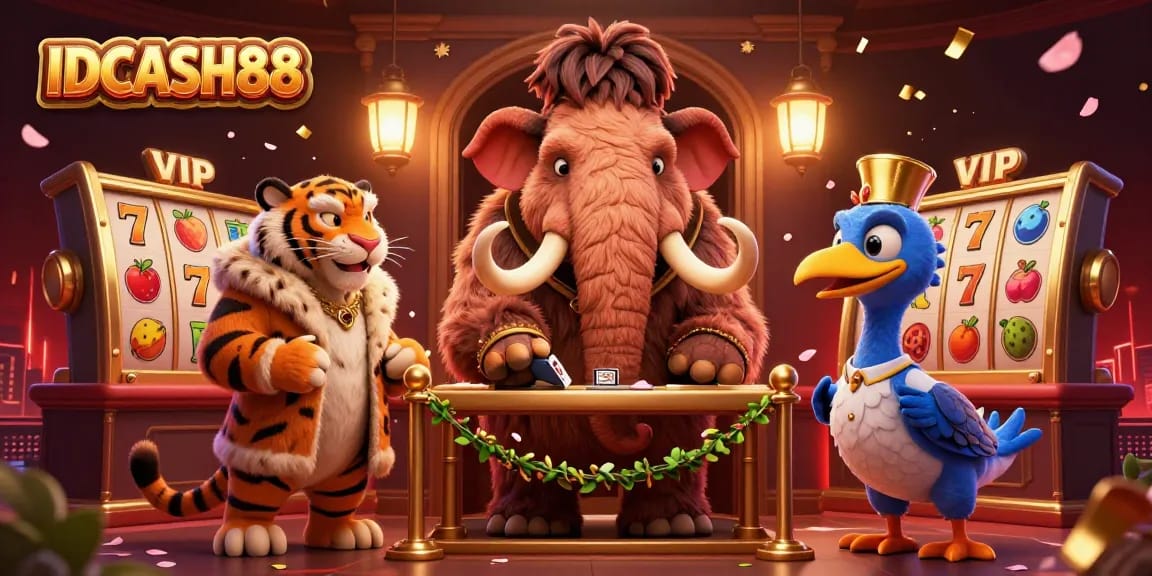 Experience exciting gameplay at IDCASH88 with a vibrant scene featuring a woolly mammoth, tiger, and dodo welcoming players to a colorful casino atmosphere.