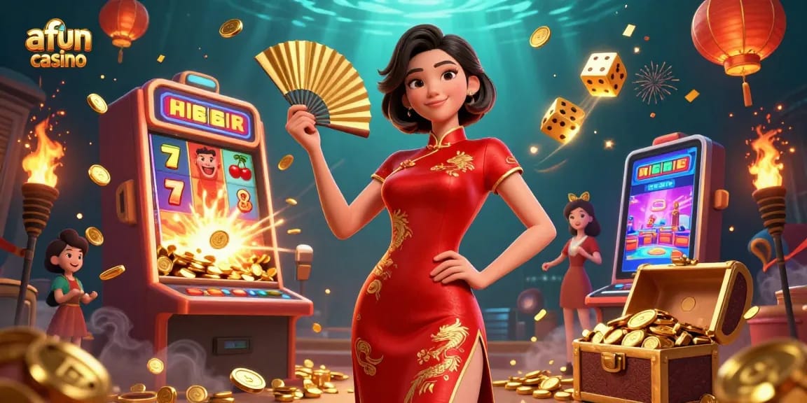 Afun casino showcases vibrant slot machines and gold coins in a dazzling 3D illustration.