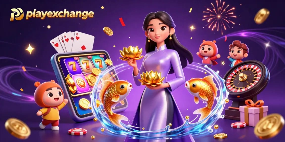 Experience thrilling gameplay with playexchange, featuring a woman in an ao dai, koi fish, and dynamic casino elements.