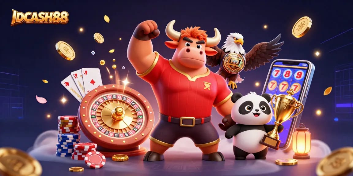 Engage with IDCASH88, showcasing a vibrant 3D victory scene with iconic casino elements.