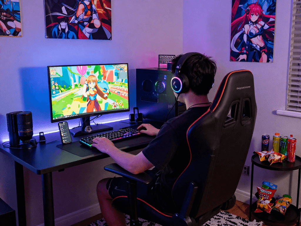 Engaging gaming scene showcasing a player focused on a hentai game with vibrant visuals and collectibles