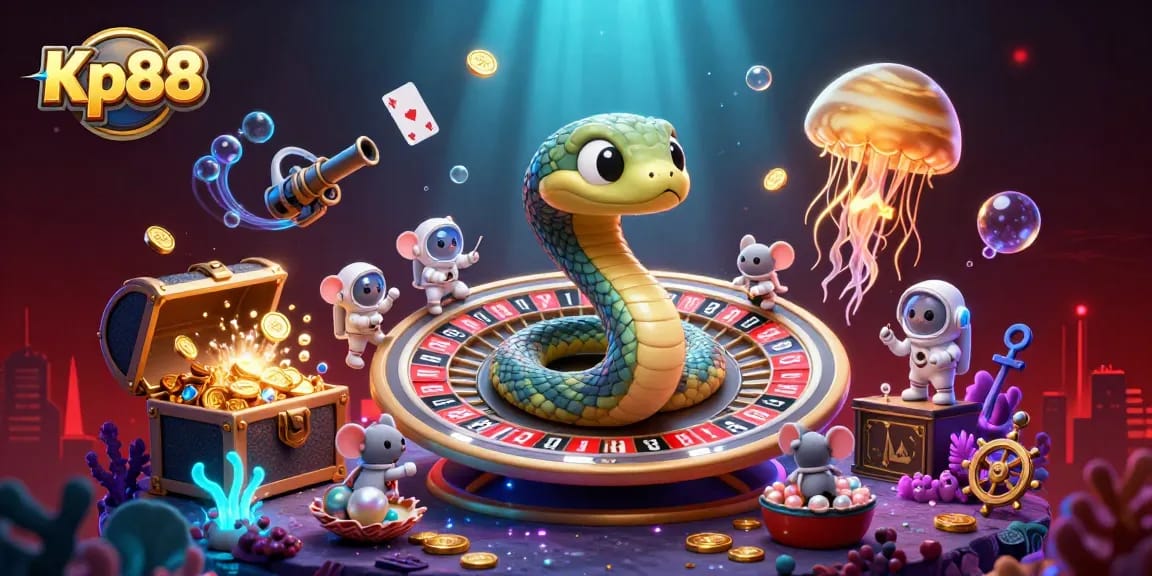 Kp88 offers thrilling betting adventures with astronaut mice and cosmic elements in a vibrant casino setting.