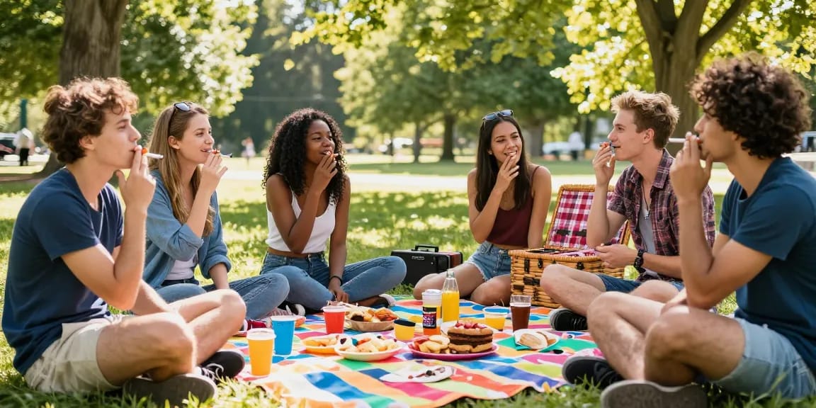 Group of friends enjoying rokok88 super cigarettes at a park picnic