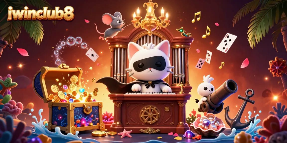 Experience thrilling gaming at iwinclub8 with a festive 3D casino illustration showcasing dynamic characters.