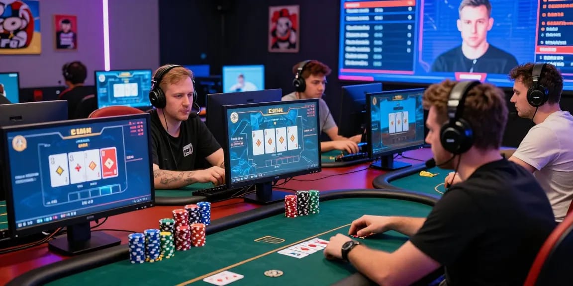 Login Domino88 scene with players engaging in online poker tournament, vibrant digital environment, and competitive atmosphere.