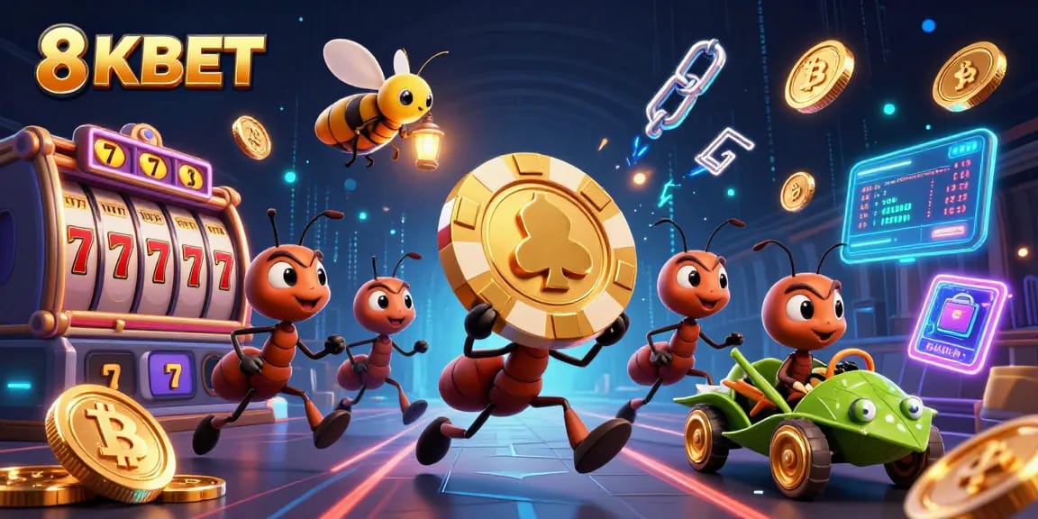 Engage with 8KBET as ants carry a giant poker chip amid vibrant gaming elements and energetic visuals.