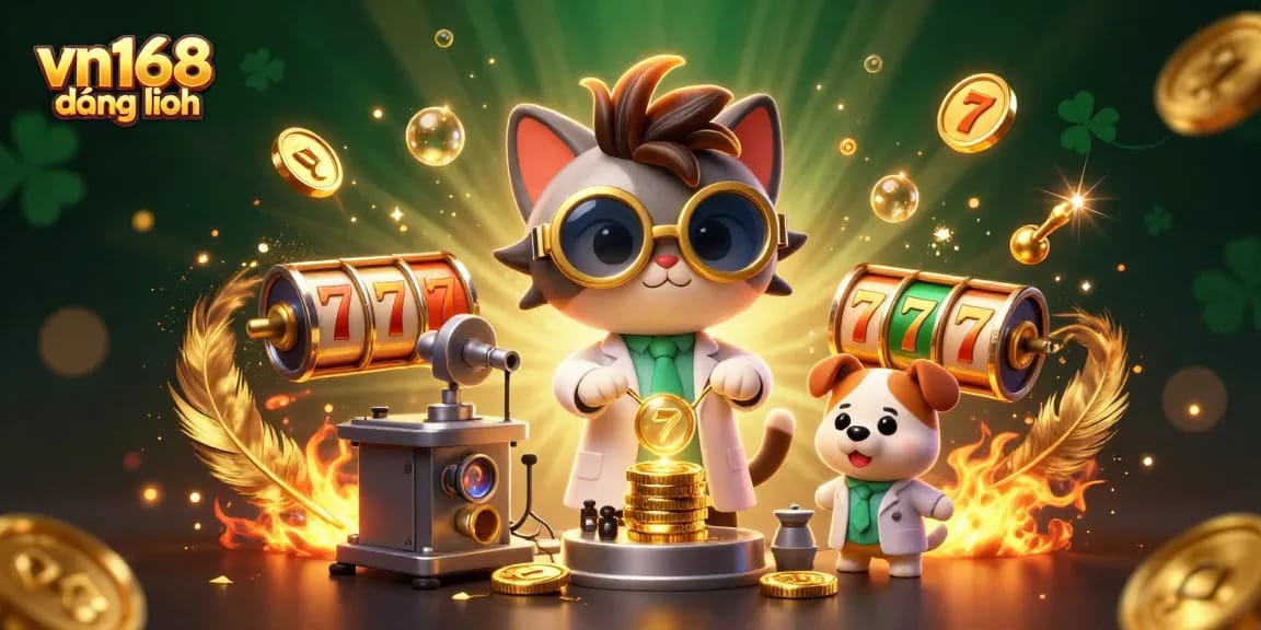 Experience thrilling gaming with vn168 đăng nhập featuring a cartoon scientist cat in an action-packed casino scene.