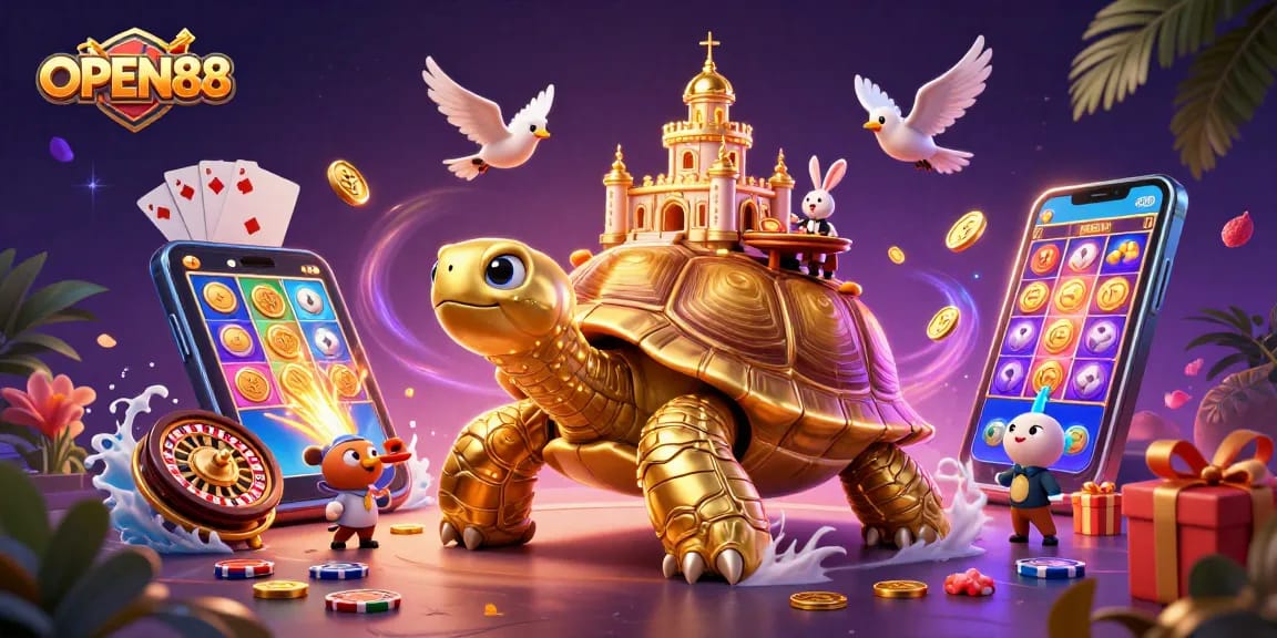 Experience thrilling gameplay at OPEN88 with a massive golden tortoise casino, rabbit dealer, and golden coins flying.