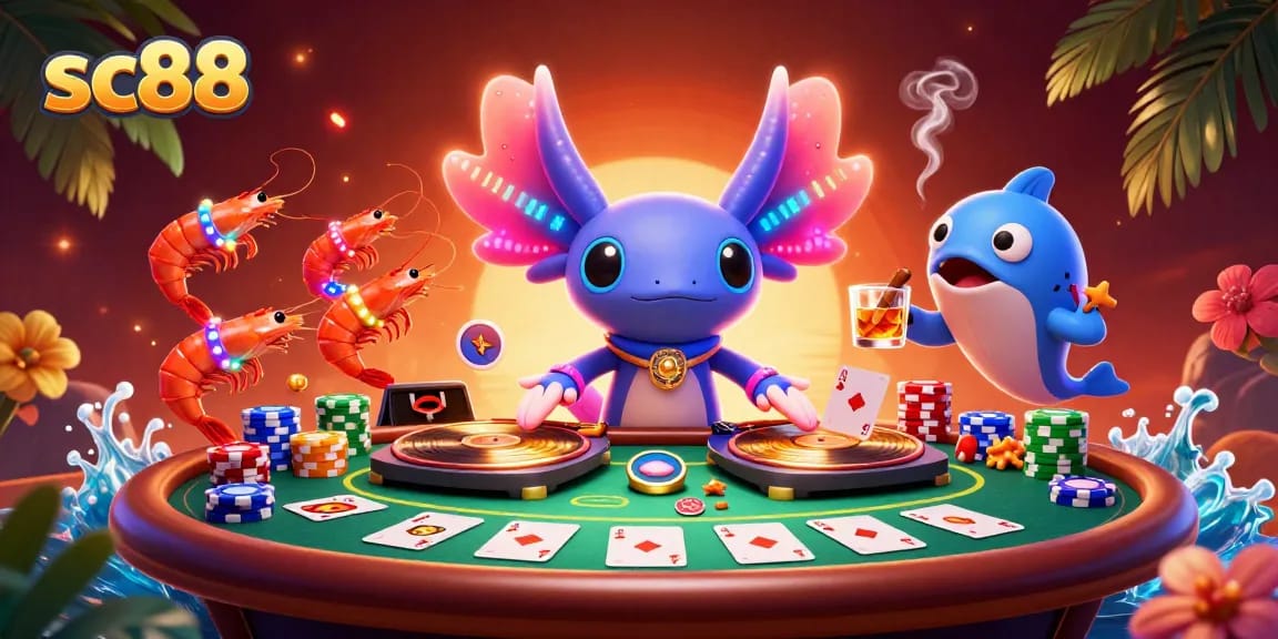 Experience thrilling gaming at sc88 with a vibrant 3D scene of a DJ axolotl and friends.