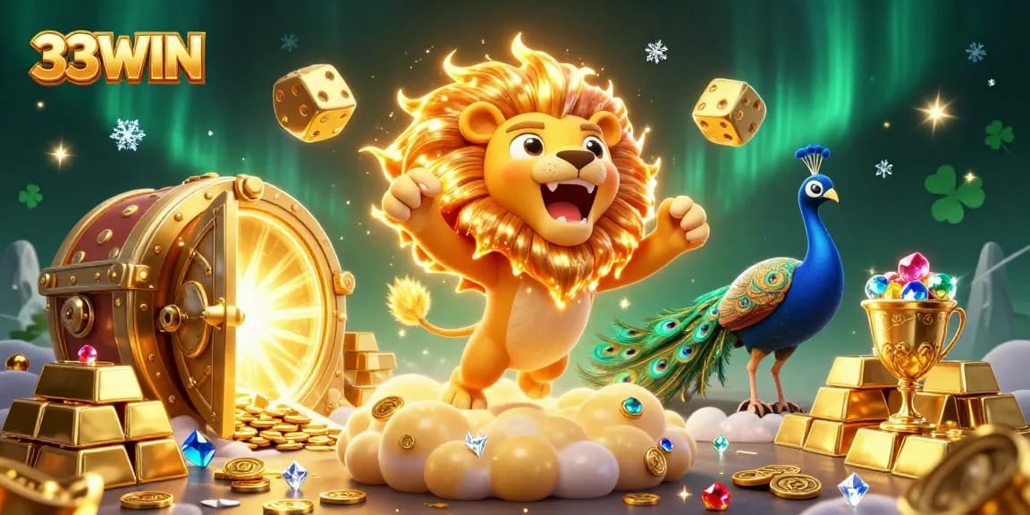 Experience the thrill of 33WIN's iconic features with dazzling gold, gems, and characters celebrating luck.