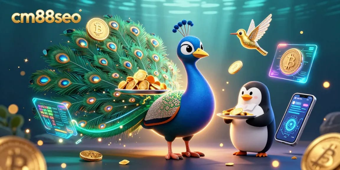 Engage in exciting gaming with cm88seo's vibrant illustration featuring exclusive crypto elements.