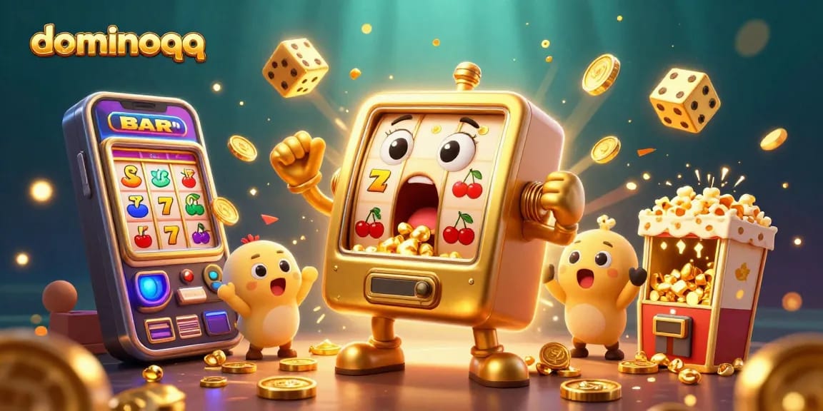 Experience dominoqq excitement with animated slot machines celebrating a jackpot.