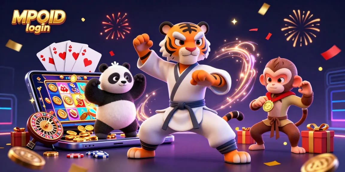 MPOID login features a kung fu tiger master, panda disciple, and monkey student in a vibrant casino scene with dynamic game elements.