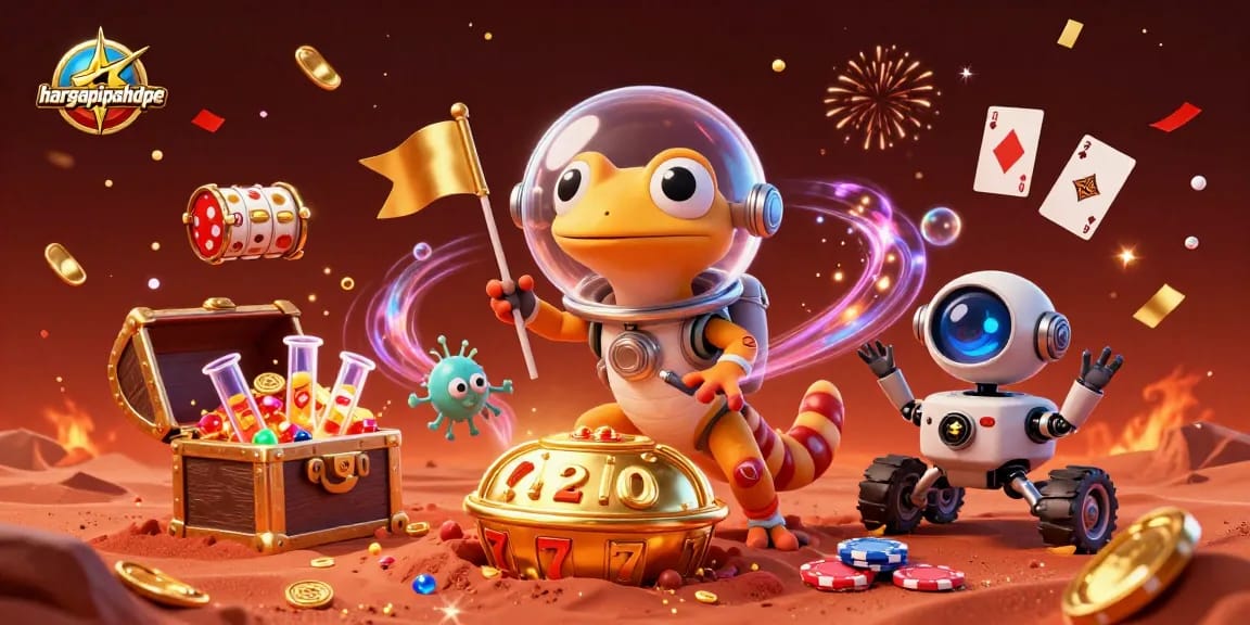 Play exciting games at hargapipahdpe with colorful slot reels and treasures spilling from a chest.