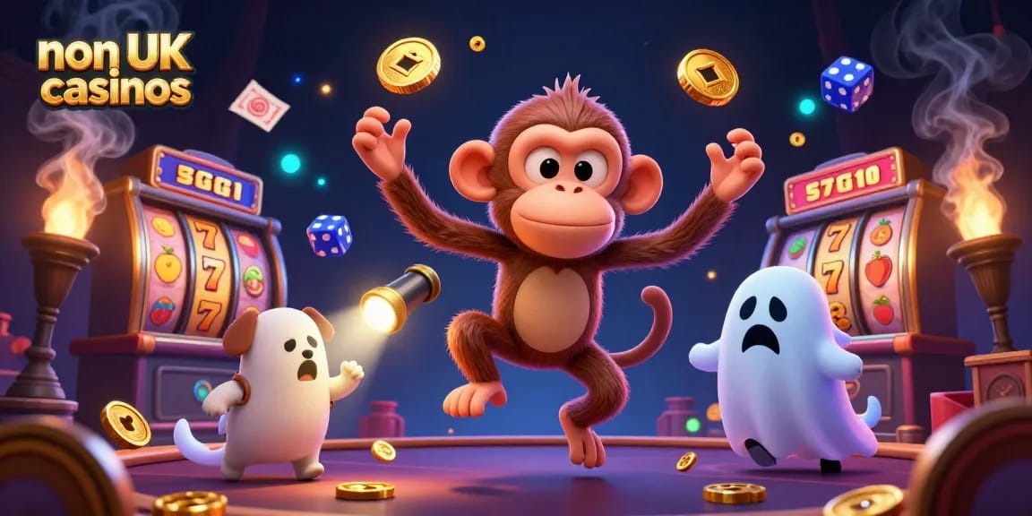 Experience thrilling non UK casinos with a fun 3D monkey and ghost-hunter puppy, surrounded by exciting slot elements.