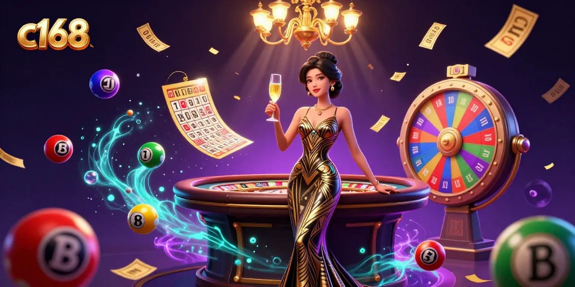 Experience the excitement of c168 with vibrant lottery balls and a glamorous roulette scene.