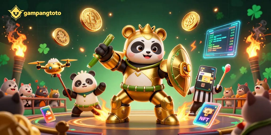 Melawan permainan di gampangtoto dengan robot bertema judi dan elemen koin kripto yang bersinar.