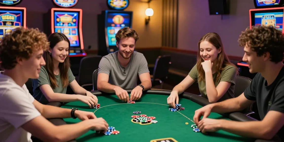 Slotmaxwin players enjoying an engaging poker game in a vibrant digital gaming lounge filled with excitement and community.