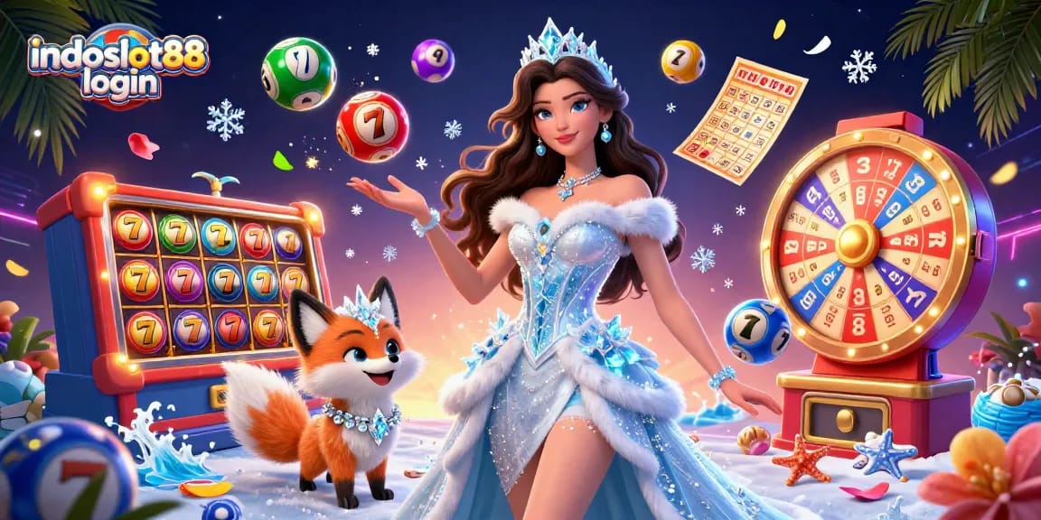 Join the fun at indoslot88 login with colorful slot reels and an engaging casino illustration.