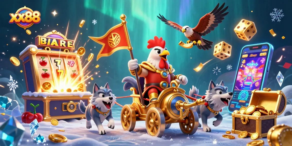 Experience the exhilarating xx88 gaming world with a dynamic scene of a rooster warlord and slot machines bursting with gold.