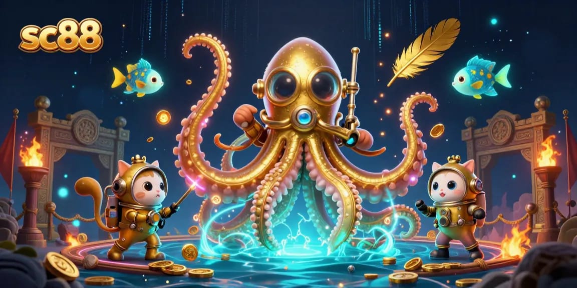 Engage in exciting SC88 casino adventures with a kraken and diving cat in a treasure-filled ocean.