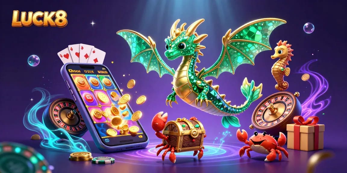 LUCK8 features a vibrant underwater casino scene with a dragon and treasures, showcasing exciting gambling elements.