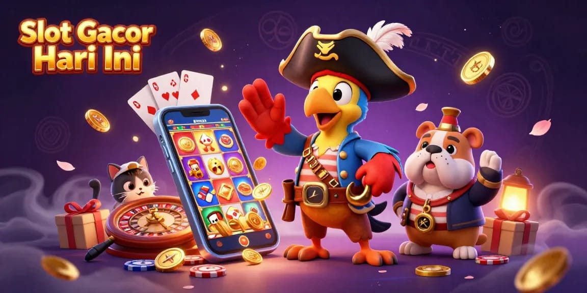 Engage with Slot Gacor Hari Ini through a vibrant 3D illustration showcasing a pirate theme with slot game elements.