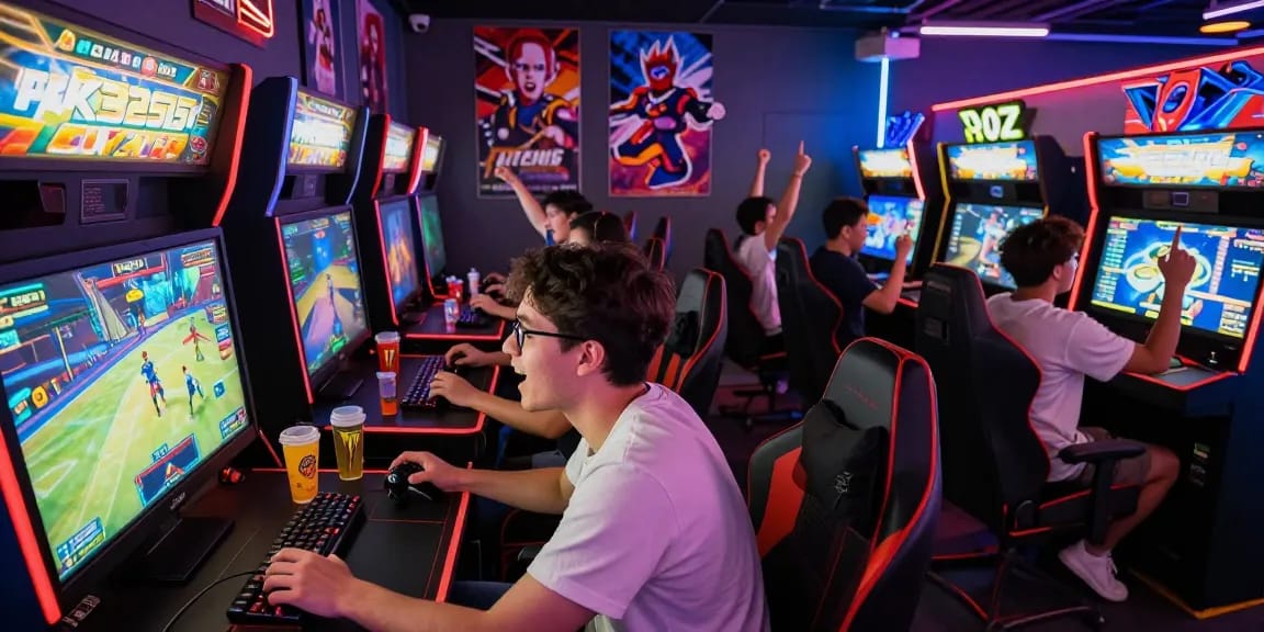 Friends enjoying the pk365-game in an energetic arcade setting filled with colorful LED lights.