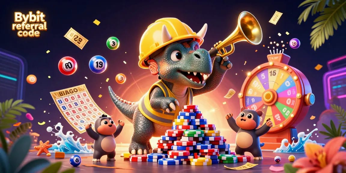 Celebrate with Bybit referral code rewards in a vibrant 3D casino scene featuring engaging characters.