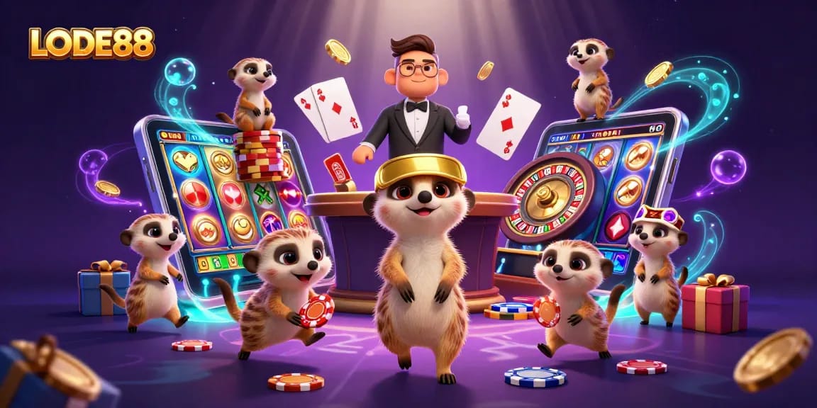 Experience LODE88's thrilling casino adventure with meerkats managing games and winning chips.