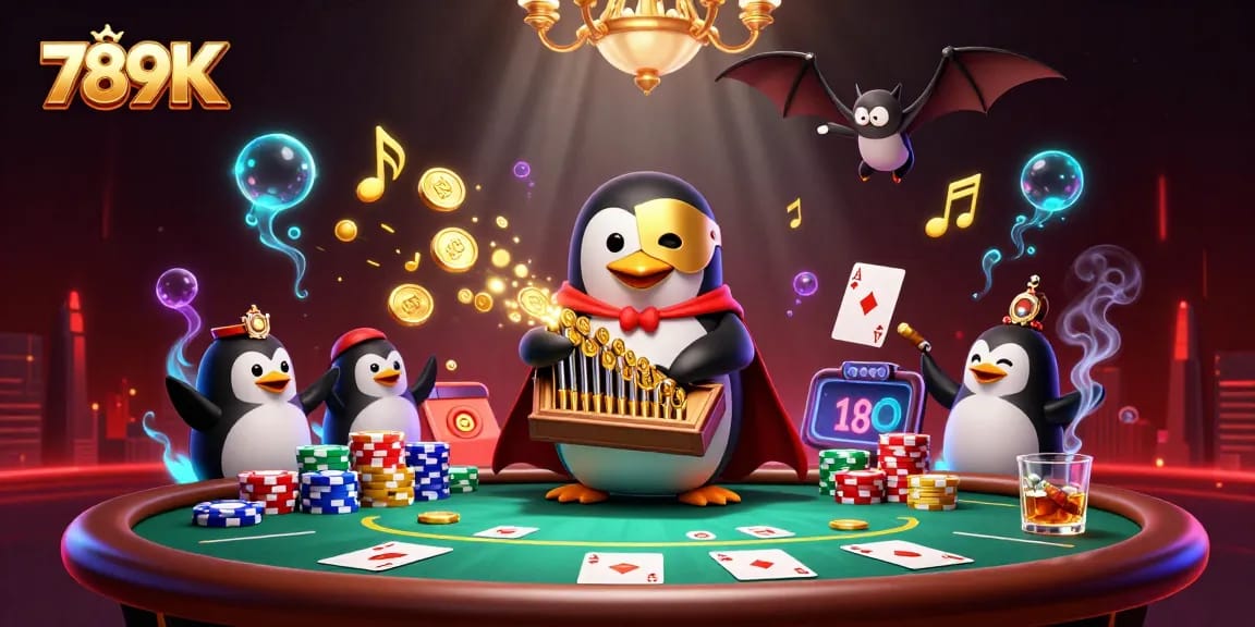 Experience the vibrant world of 789K, where a phantom opera penguin brings casino excitement to life with golden coins and poker action.