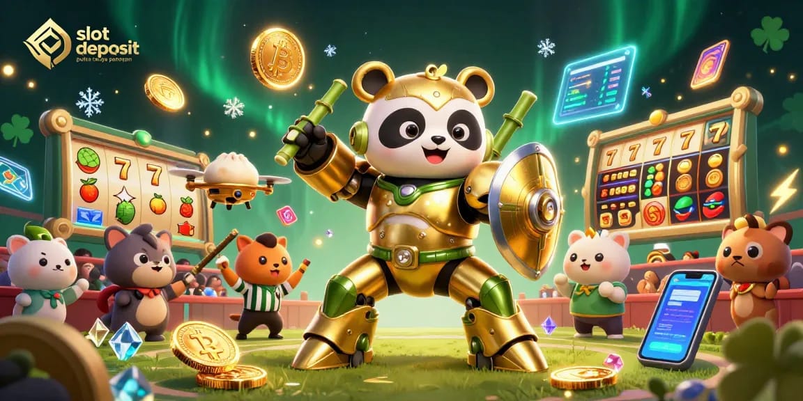 Permainan slot deposit pulsa tanpa potongan dengan karakter panda emas yang epik dan robot bertemakan bambu dalam arena penuh semangat