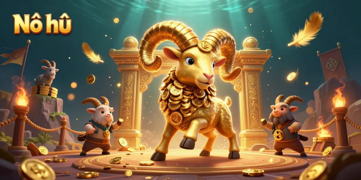 Nổ hũ game spins to victory with a golden ram and sparkling casino elements surrounding