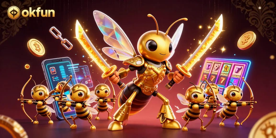 Experience the thrill of okfun casino games with a dynamic scene of 3D characters and vivid slot elements.