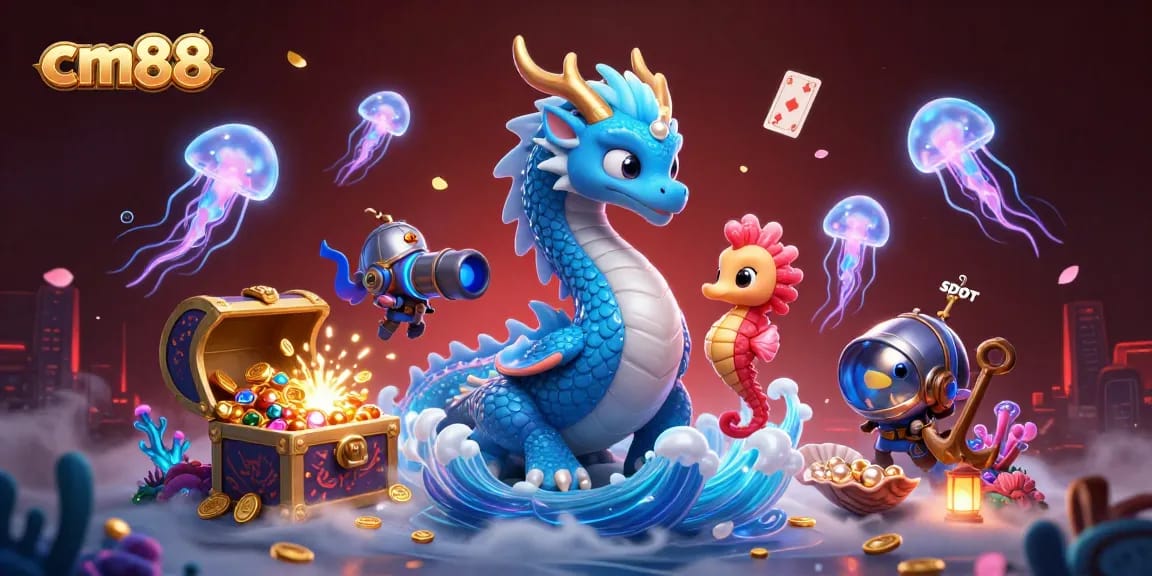 Experience cm88 gaming excitement with a vibrant underwater scene featuring an azure water dragon, coral, and treasure.