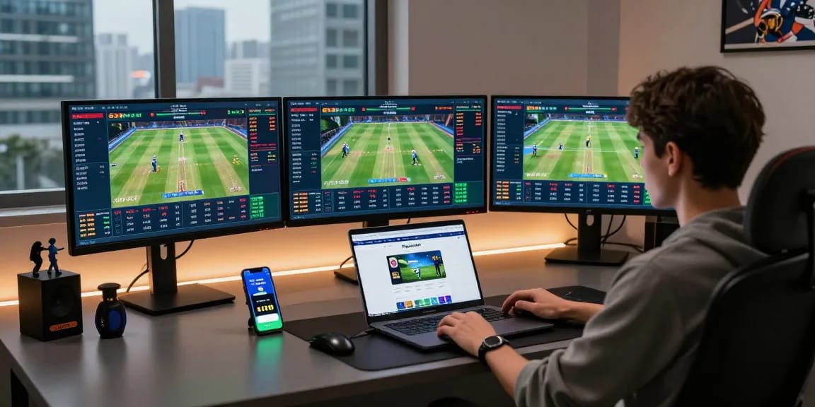 Playexch247 online sports betting workspace featuring cryptocurrency trading charts and cricket stats on multiple monitors in a modern office.