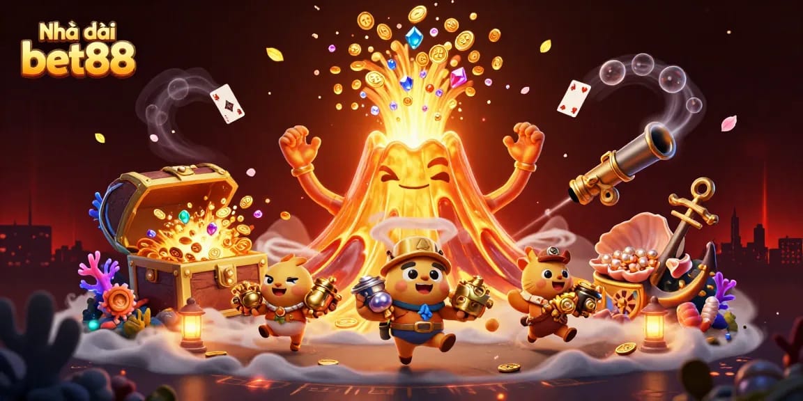 Experience the excitement at Nhà cái bet88 with a colorful eruption of treasure and casino fun in this dynamic 3D illustration.