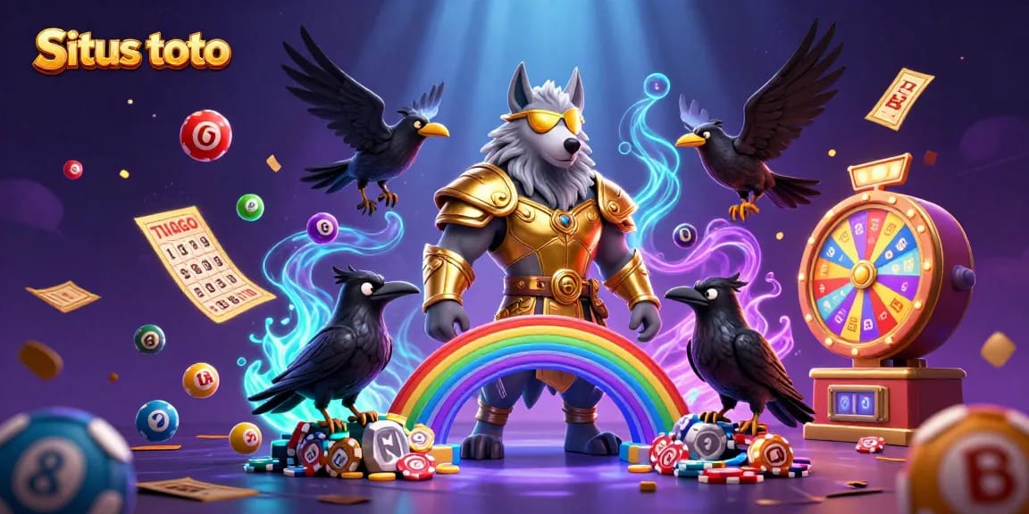 Situs toto presents dynamic lottery play with Odin and ravens amidst vibrant gaming elements.