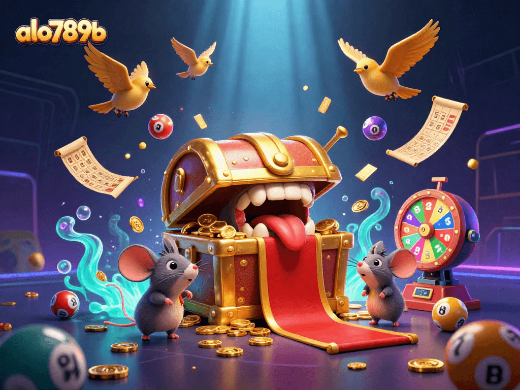 Experience excitement at alo789b with a vibrant 3D casino scene featuring a treasure chest and adventure elements.