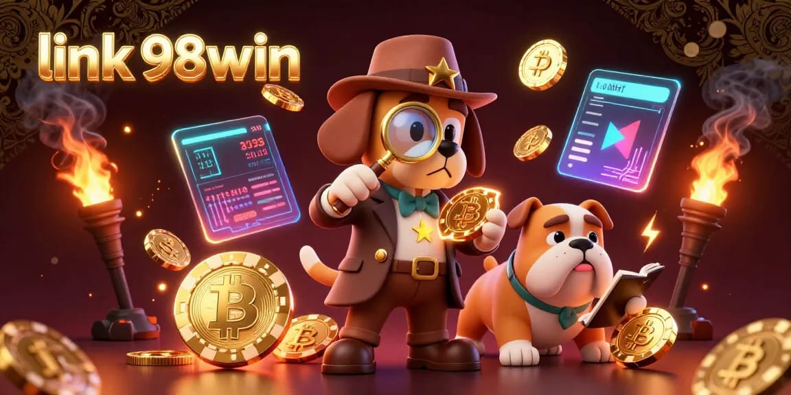 Engage with link 98win in this vibrant 3D casino scene with a detective uncovering game clues and crypto elements.