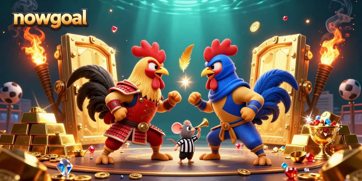 Engage in thrilling sports betting with nowgoal featuring animated fighting roosters and golden treasures.