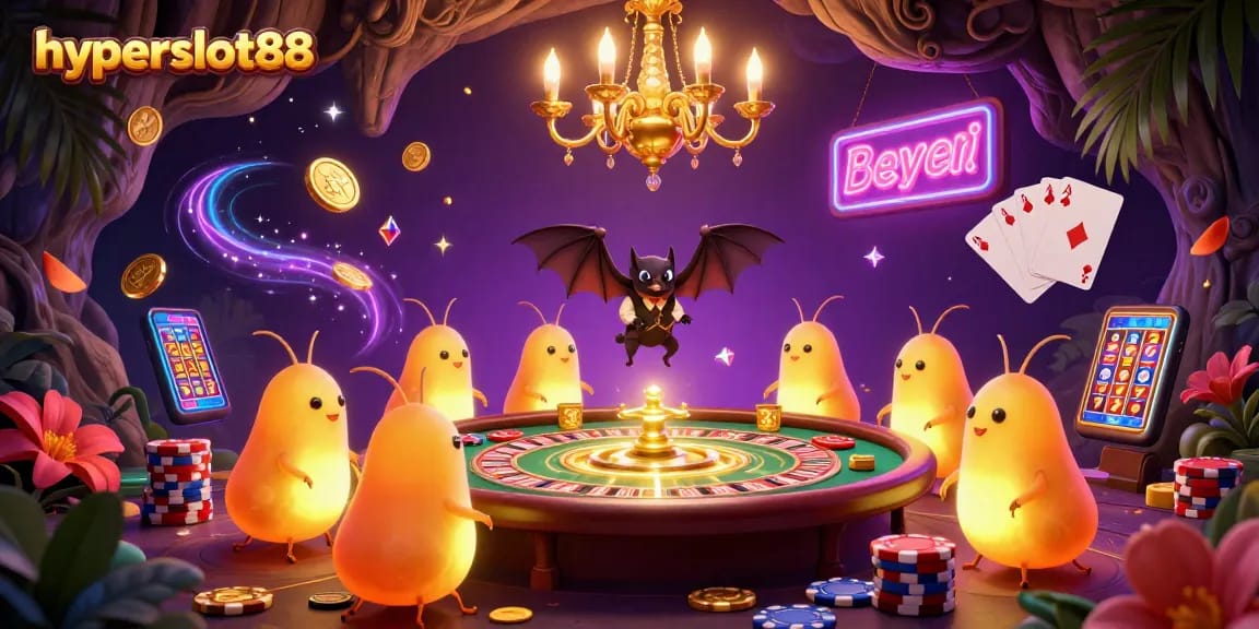 Experience the exhilarating world of hyperslot88 with glowworms lighting a vibrant cave casino scene filled with treasures.