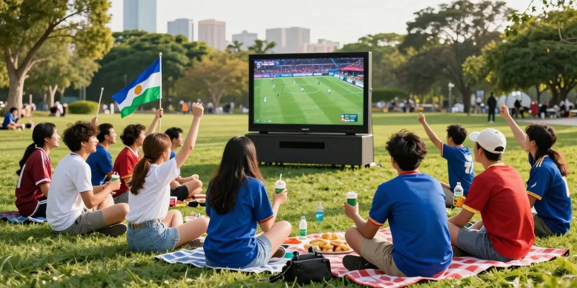 Friends enjoying a live football match outdoors, ihdsports on large screen.