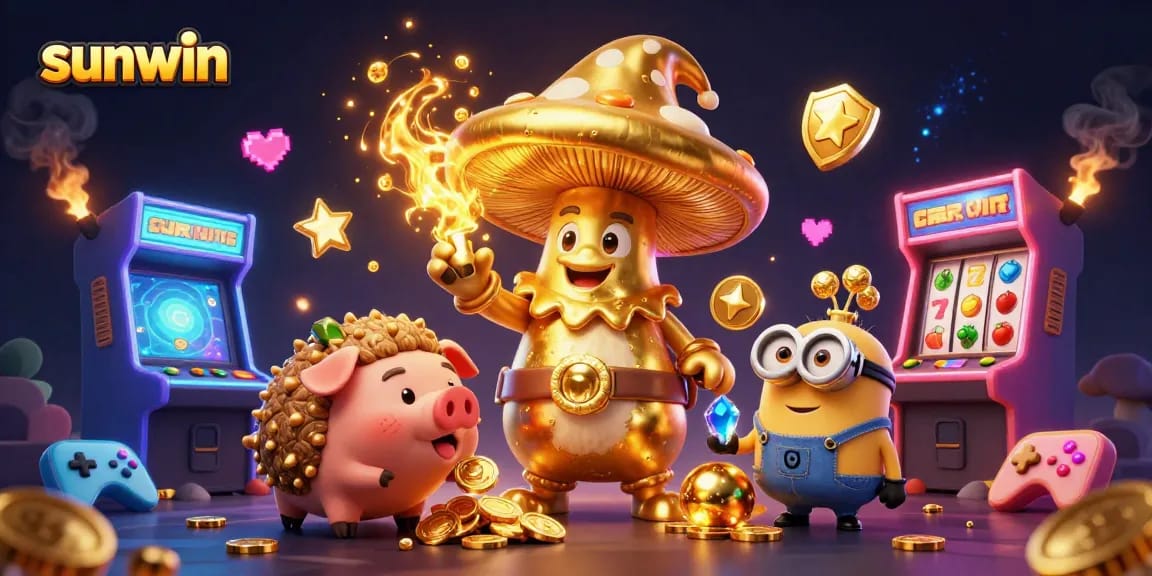Experience the magic with sunwin as the golden mushroom wizard conjures treasures in this energetic casino scene.