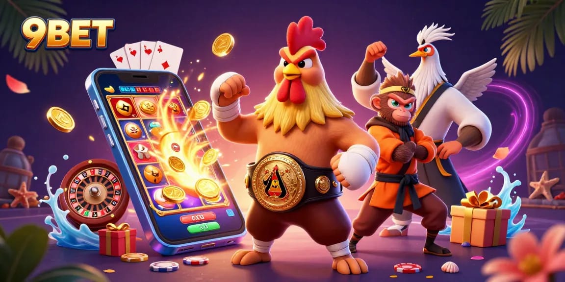 Engage with 9BET's vibrant casino scene featuring dynamic characters, slot games, and exciting gaming elements.