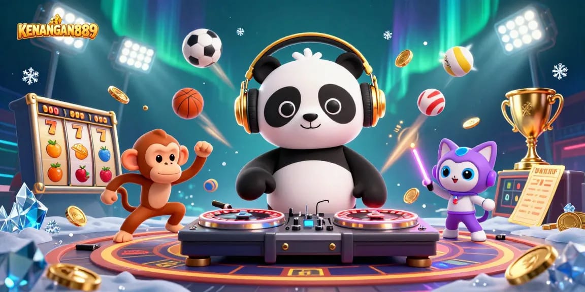 Experience KENANGAN889 in a vibrant 3D casino party scene filled with action and excitement.