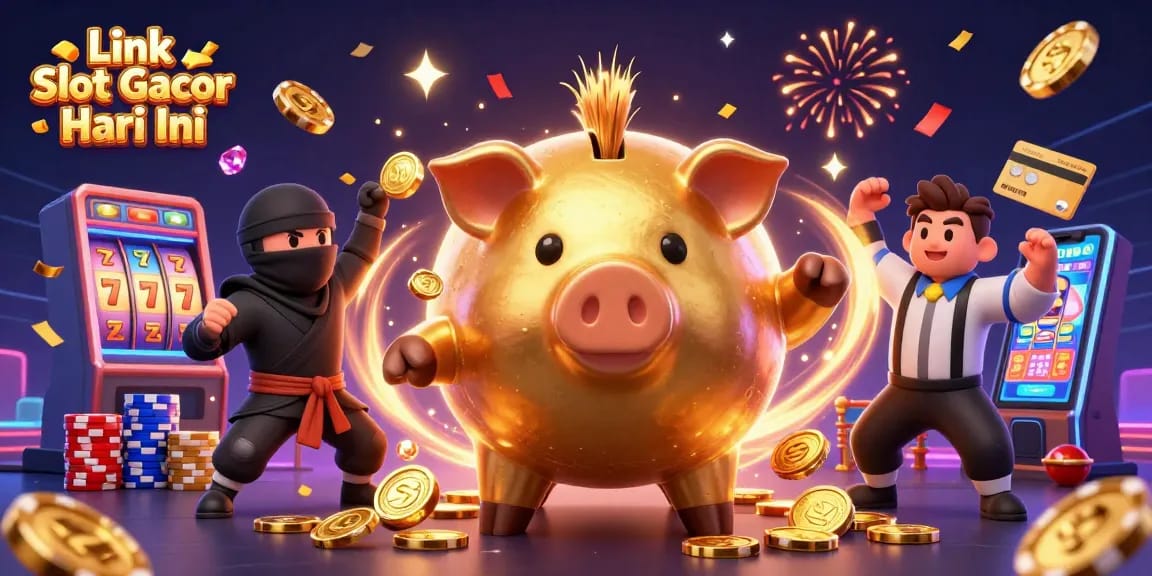 Win big with Link Slot Gacor Hari Ini as vibrant characters surround golden coins and slot machine excitement.