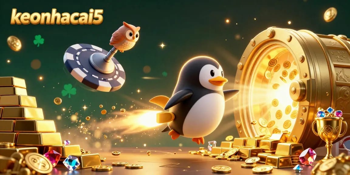 Engage with keonhacai5 as the golden penguin rockets through a casino world, overflowing with treasure.