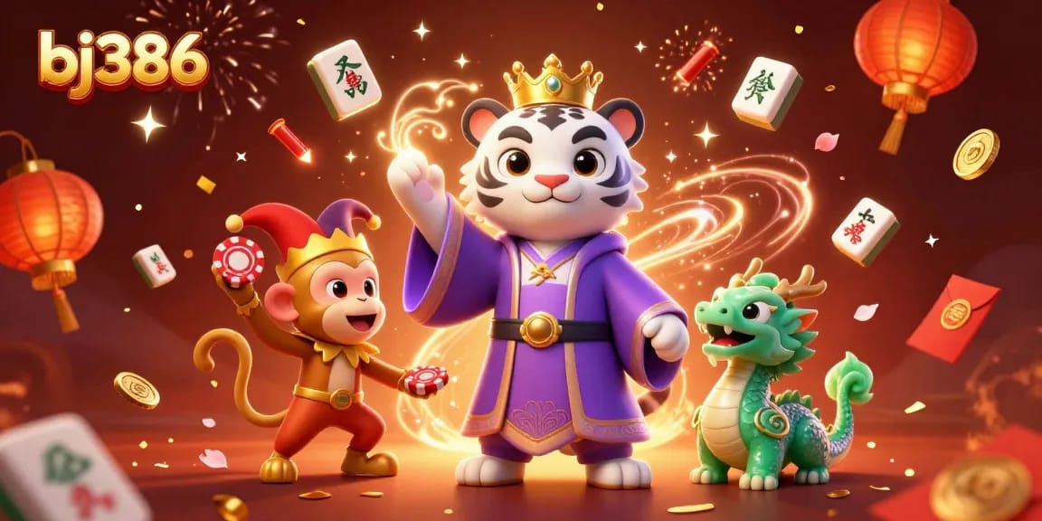 Join the ultimate casino experience with bj386, where a royal tiger, playful monkey, and jade dragon bring luck!