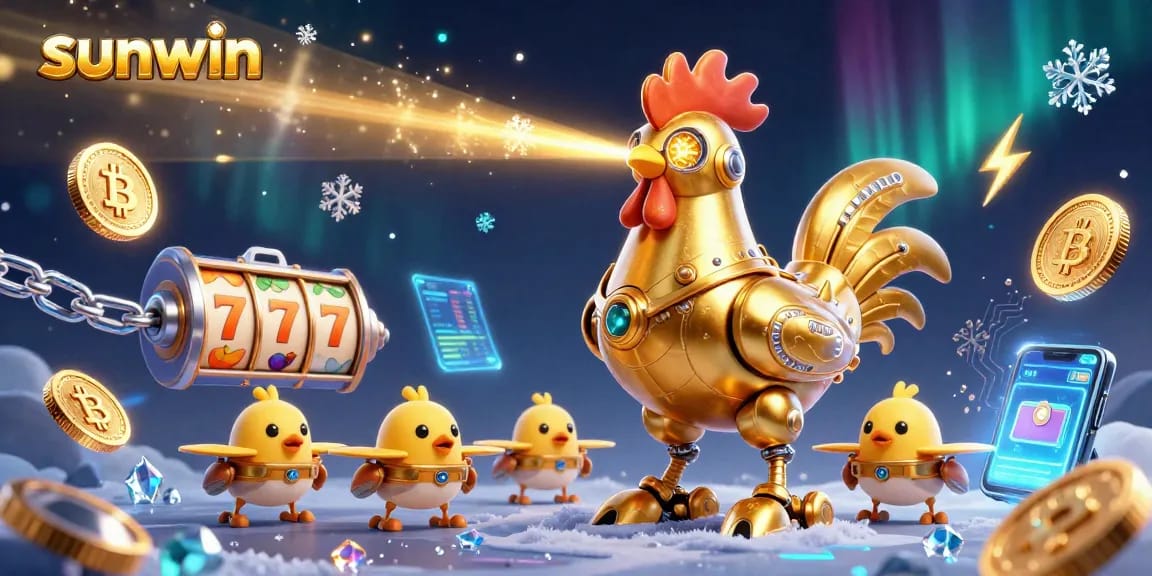 Engage with sunwin's exciting slots through a dynamic robot and baby chick drone scene.